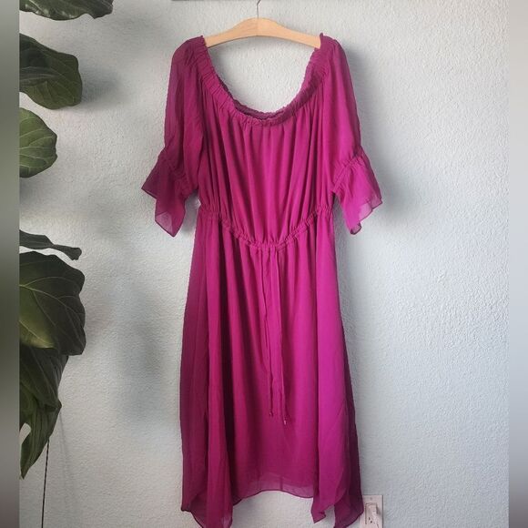 City Chic Magenta off the shoulder asymmetrical hem elastic waistband midi dress - Picture 1 of 14